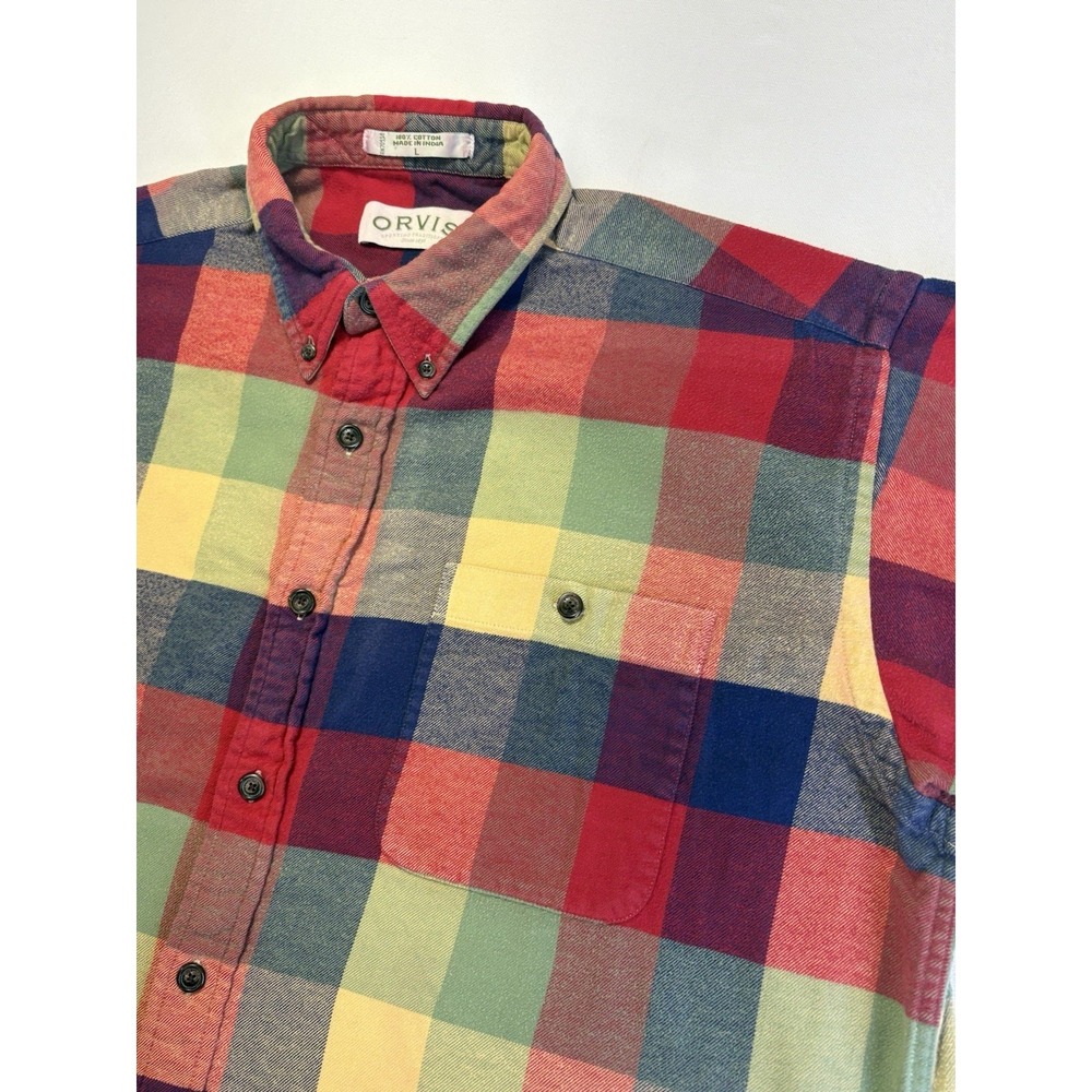 Orvis Men's Cotton Long Sleeve Plaid Button-Up Flannel Size XL RED ORANGE BLUE - Picture 3 of 7